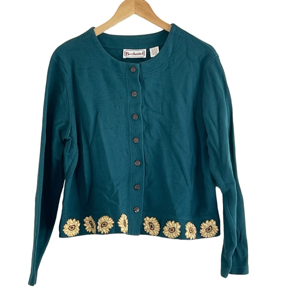 Bechamel | Vintage green 100% cotton sunflower trim button front sweater…
